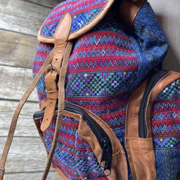Multicolor Tapestry Embroidered Fabric Tan Leather Trim Drawstring Backpack